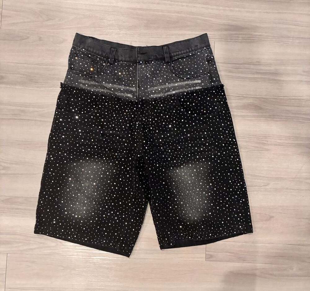 METABOYS Denim Black Rhinestone Embellished Wide Leg Shorts Jorts XL